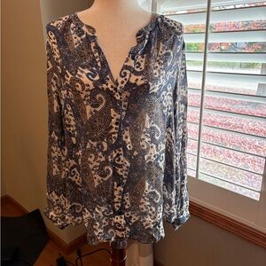 Lucky Brand Blue and Gray Long Sleeve Graphic Blouse